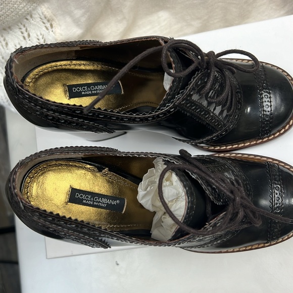 Dolce&Gabbana Brown Patent Leather Lace Up Loafer Pumps chunky heels retro 38.5 - Picture 11 of 17